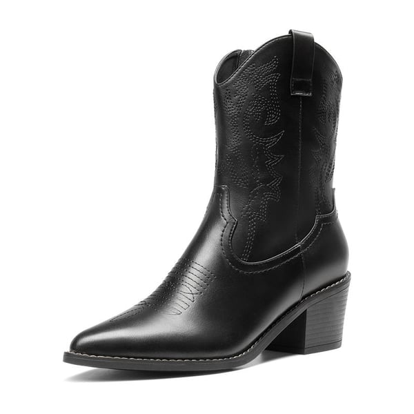 Western Chunky Heel Cowboy Ankle Boots - BLACK -  0